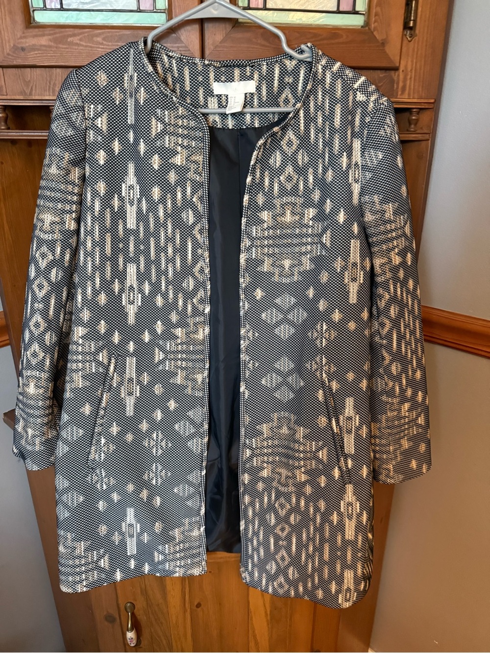 H&M Geometric Aztec Knit Pattern Collarless Open Front Jacket Coat Size 10